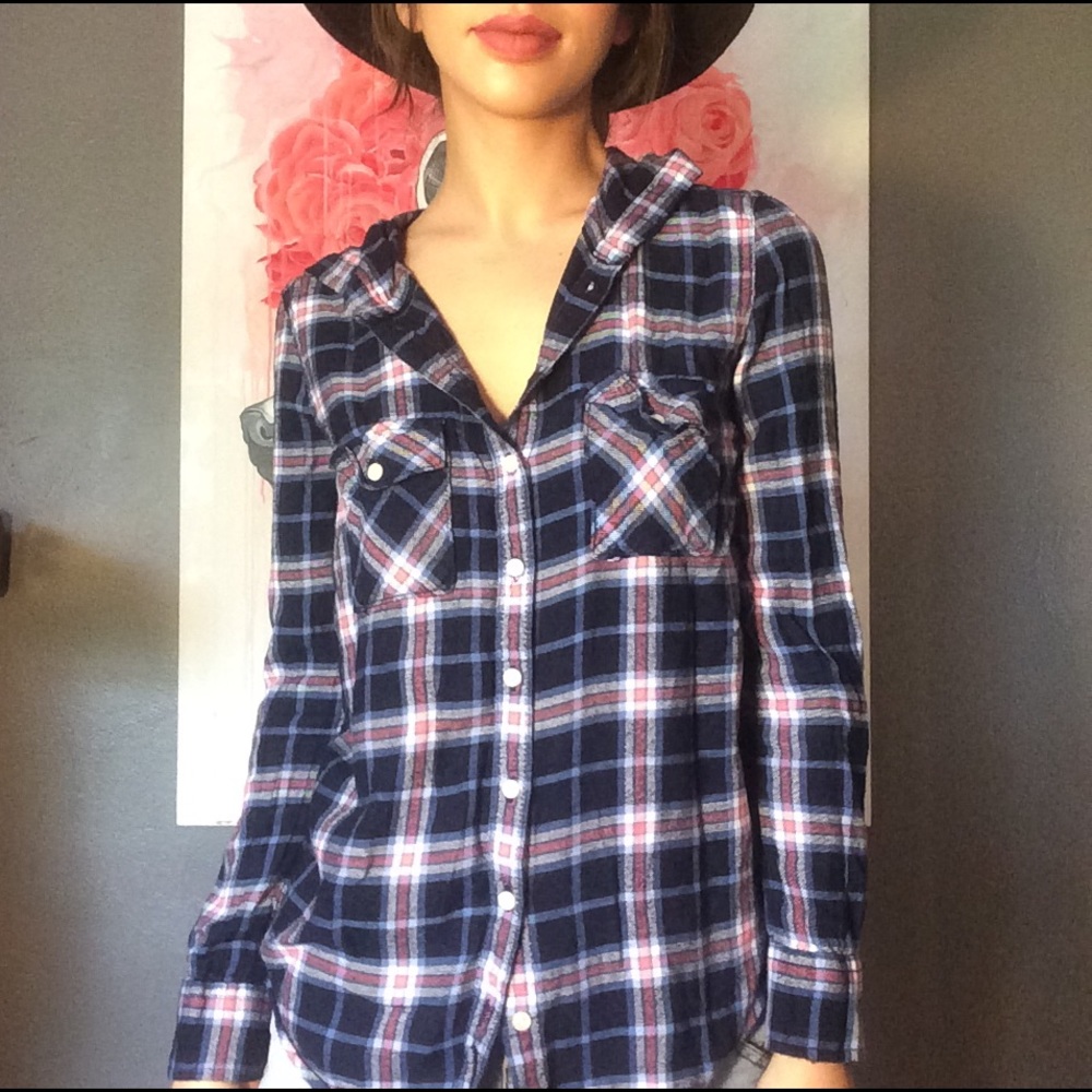 Blue and pink flannel with hood