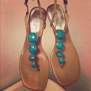 Jessica Simpson turquoise and tan sandals