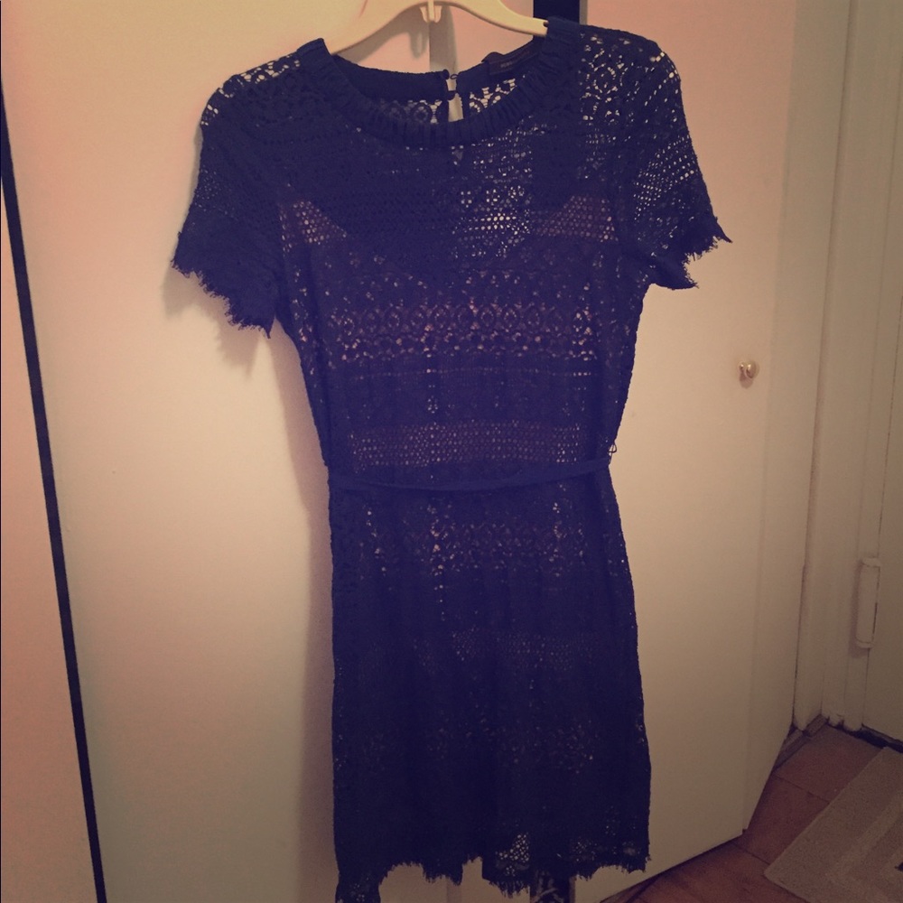 BCBG blue patterned lace sheath dress