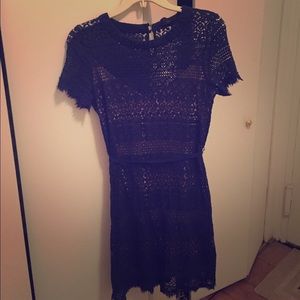 BCBG blue patterned lace sheath dress