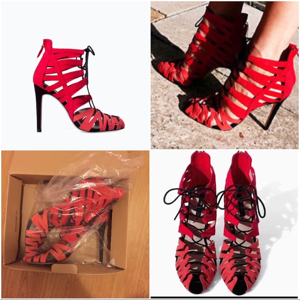 Zara coral and red lace up tie sandals 39