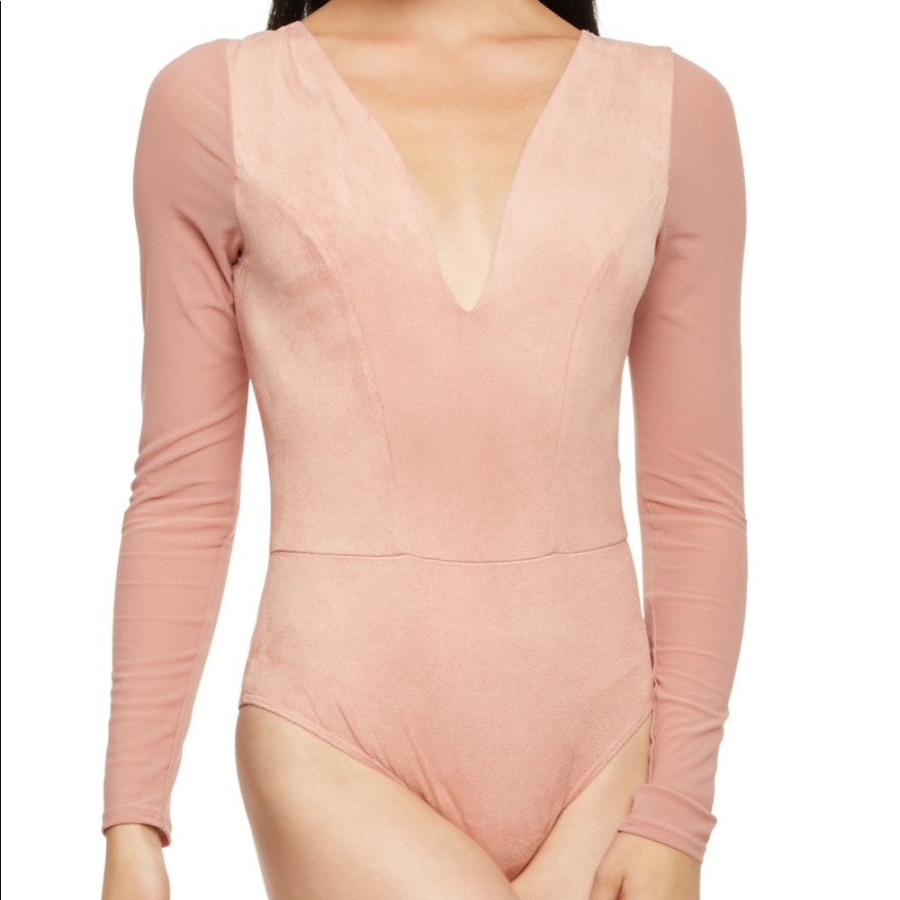 Blush Faux Suede Bodysuit with Mesh Sleeves
