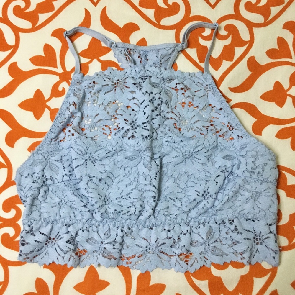 Aerie Light Blue Hi Neck Floral Lace Bralette