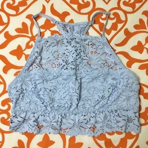 Aerie Light Blue Hi Neck Floral Lace Bralette