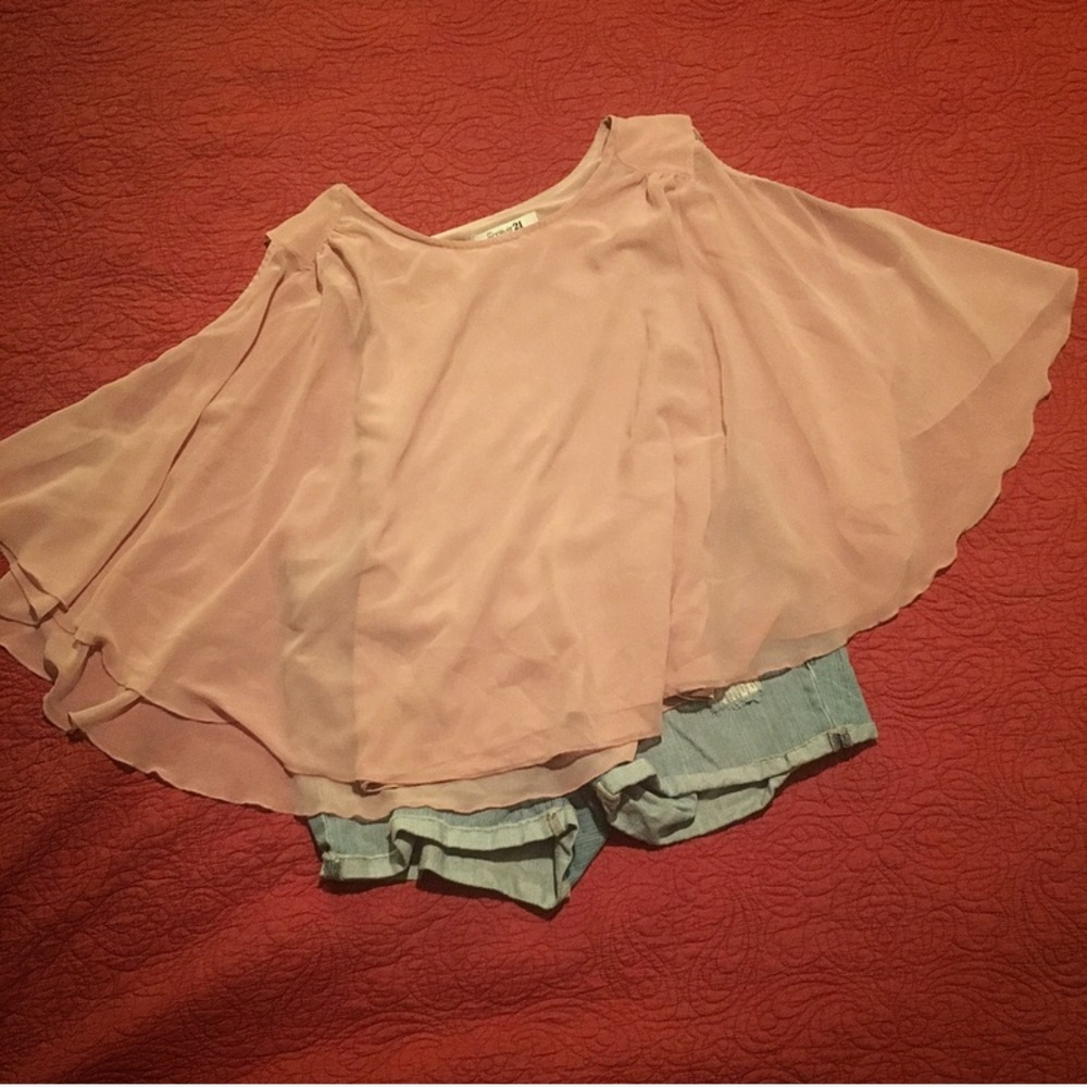 Pale Dusty Pink Cold Shoulder Sheer Overlay Top