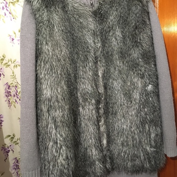 Faux Fur Sweater jacket M L Esky Knit full zip hits thigh French Connection NEW