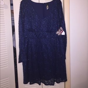 Navy Blue Sparkly Lace A Line Dress