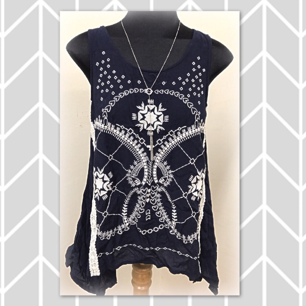 Navy embroidered tank top