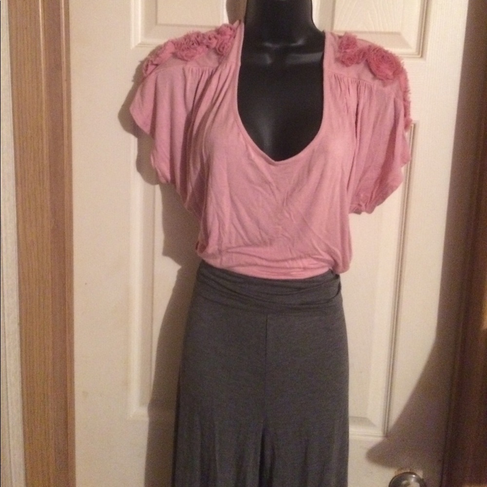 Gray palazzo pants and pink top