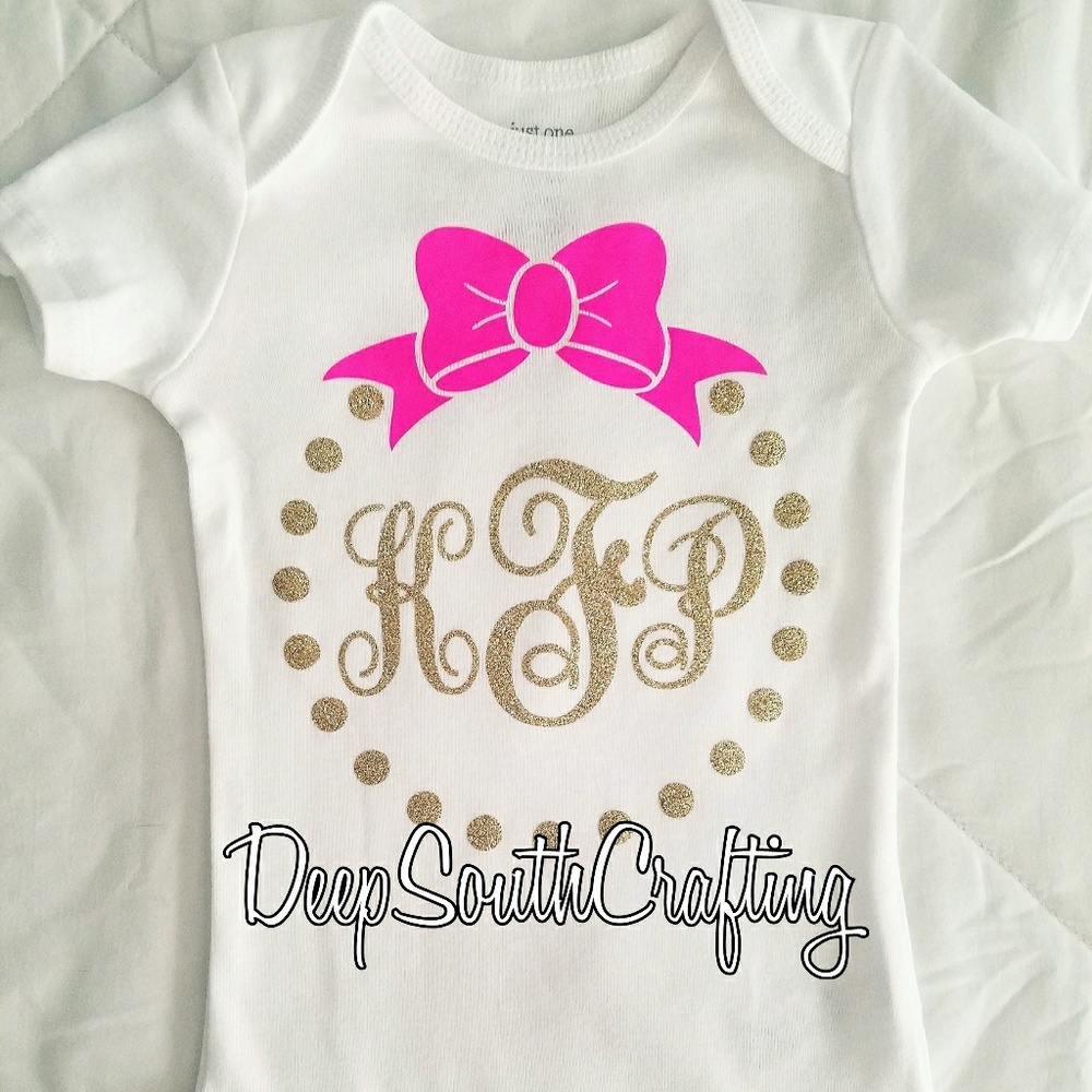Baby girl onesie pink gold glitter monogram bow