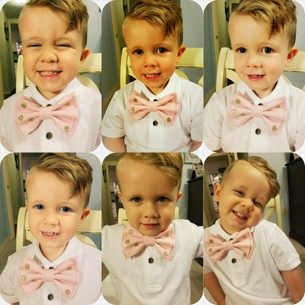 Baby boy bow tie clip on pink gold glitter