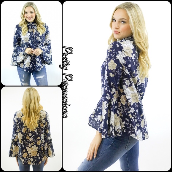 NWT Navy Blue Floral Bell Sleeve Boho Blouse - Picture 2 of 6