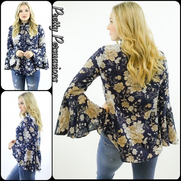 NWT Navy Blue Floral Bell Sleeve Boho Blouse - Picture 3 of 6