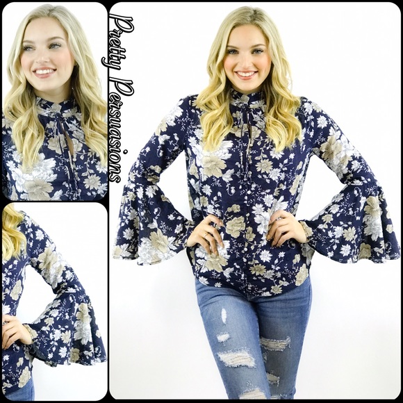 NWT Navy Blue Floral Bell Sleeve Boho Blouse - Picture 4 of 6