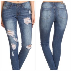 Blue Mid-rise Distressed Ripped Thigh Skinny Jeans