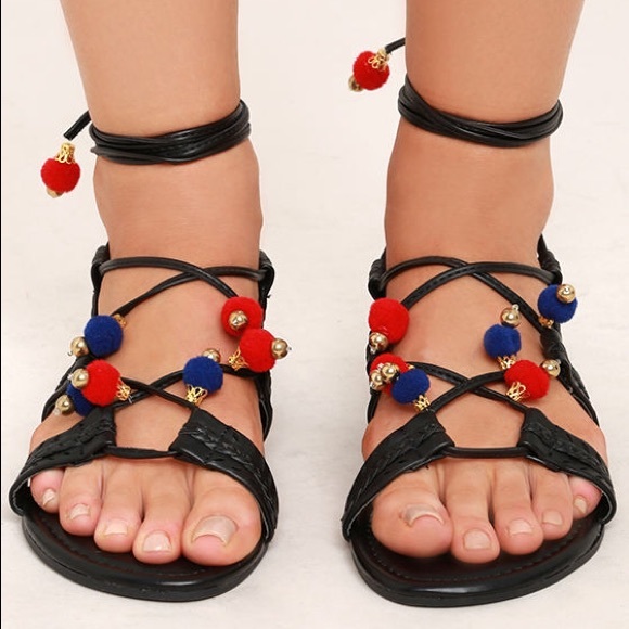 Black Lace Up Ankle Wrap Gladiator Pom Pom Sandals - Picture 2 of 4