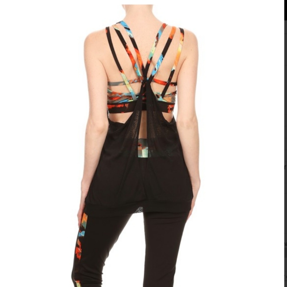 Black multi color strappy top and mesh workout set