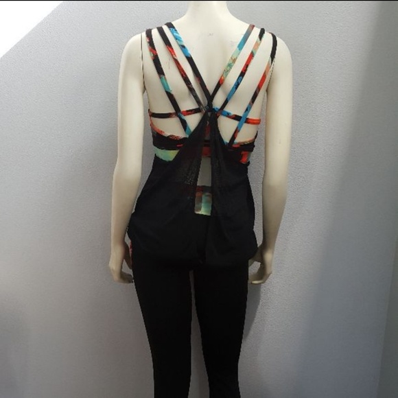 Black multi color strappy top and mesh workout set - Picture 3 of 4