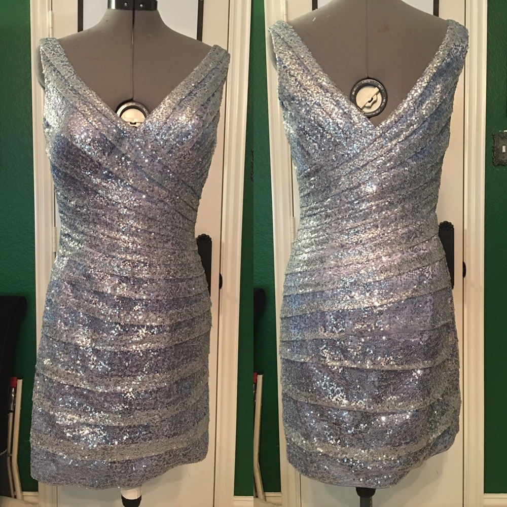 Light silver blue sequin net lace dress