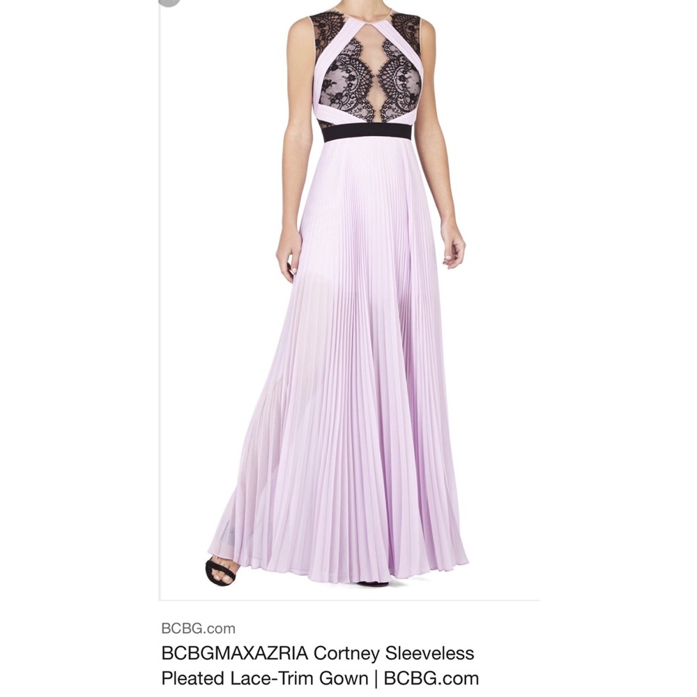 BCBGMAXAZRIA Cortney Pleated Lace-Trim Gown
