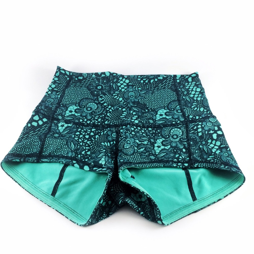 Lululemon teal paisley speed high waist shorts.