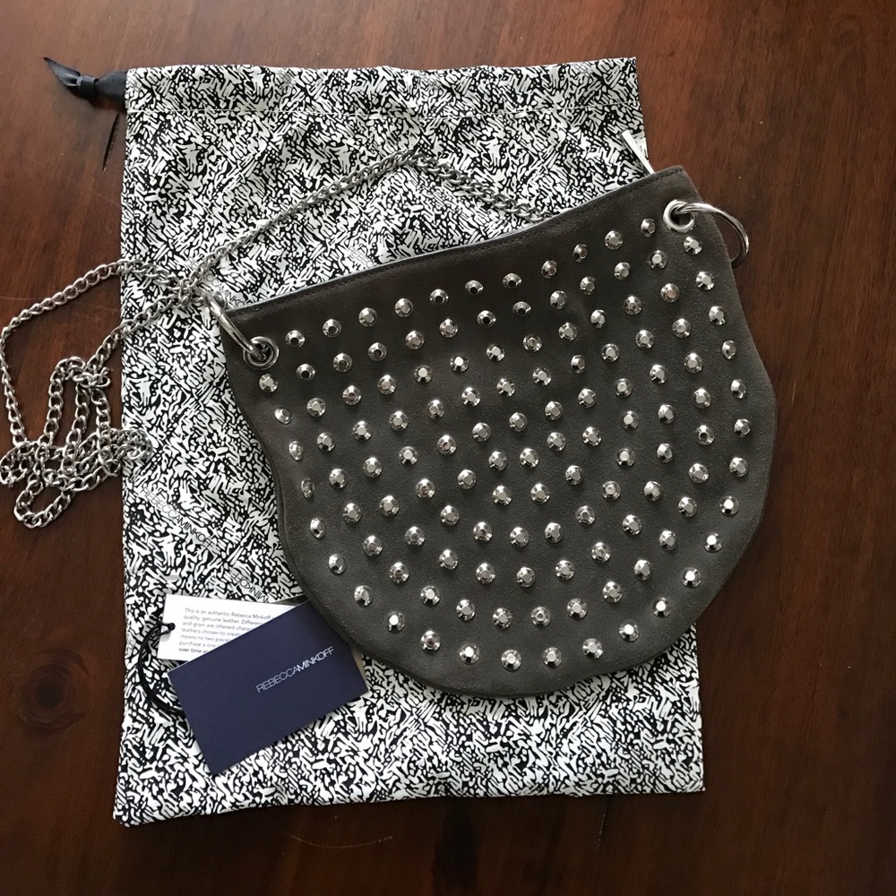 Grey suede cross body with silver studs