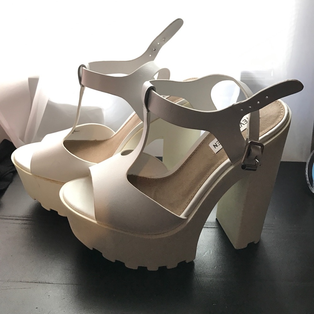 White Steve Madden block platform heels