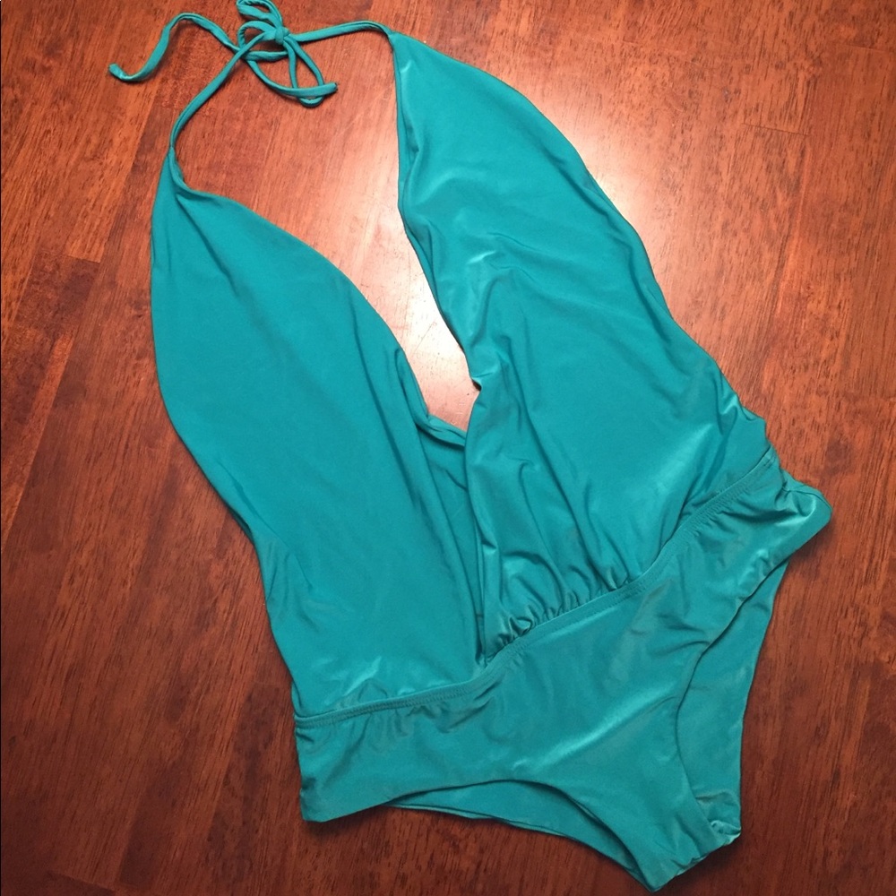 L*Space Deep V Backless Teal One-piece Swimsuit