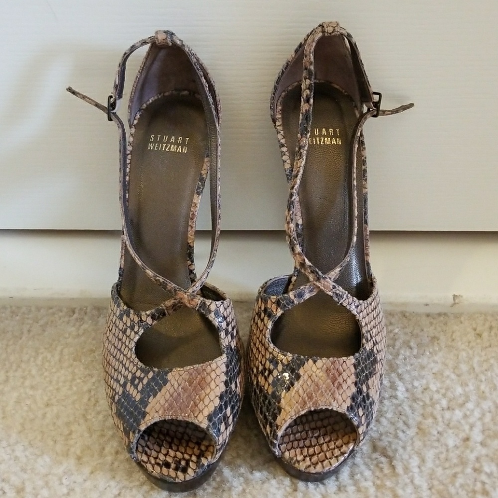 Stuart Weitzman snake print open toe heels