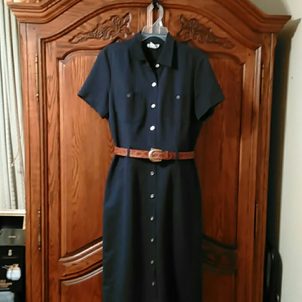 Short sleeve navy blue calf length dress