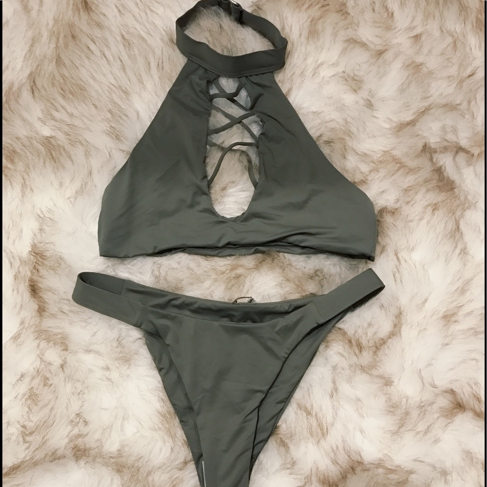 Taupe Olive Halter Bikini Bathing Suit Swim