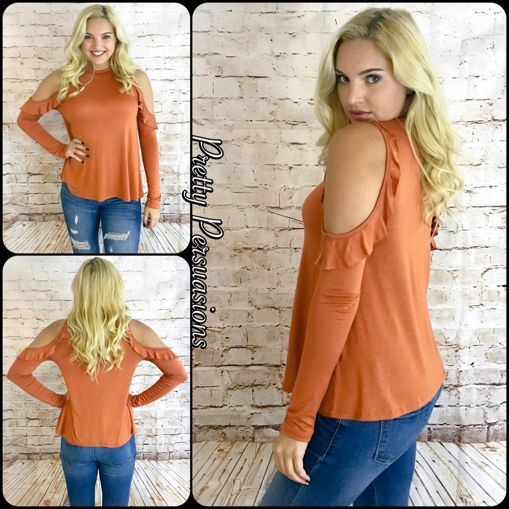 ❤️ SEE NEW LISTING ❤️ Rust Cold Shoulder Mock Neck Ruffle Hem Top - Picture 2 of 5
