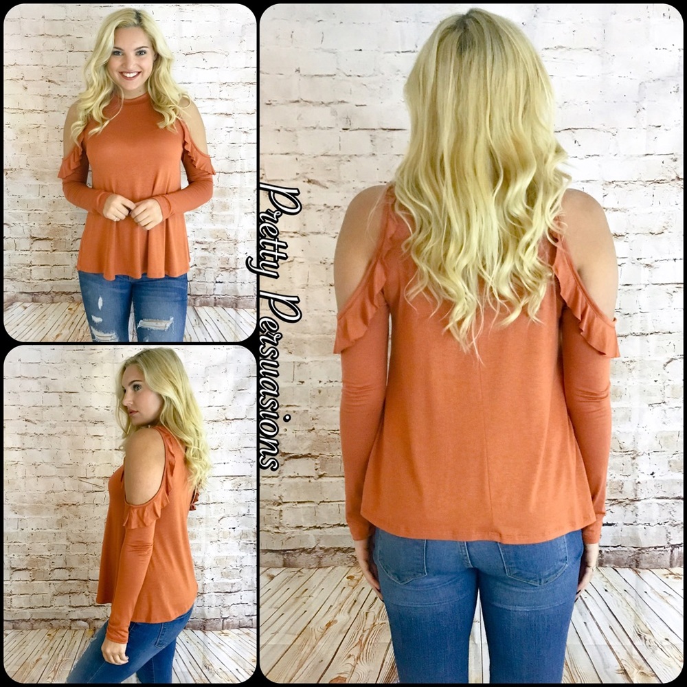 ❤️ SEE NEW LISTING ❤️ Rust Cold Shoulder Mock Neck Ruffle Hem Top - Picture 3 of 5