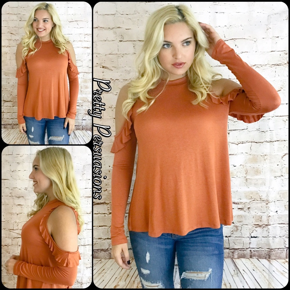 ❤️ SEE NEW LISTING ❤️ Rust Cold Shoulder Mock Neck Ruffle Hem Top - Picture 4 of 5