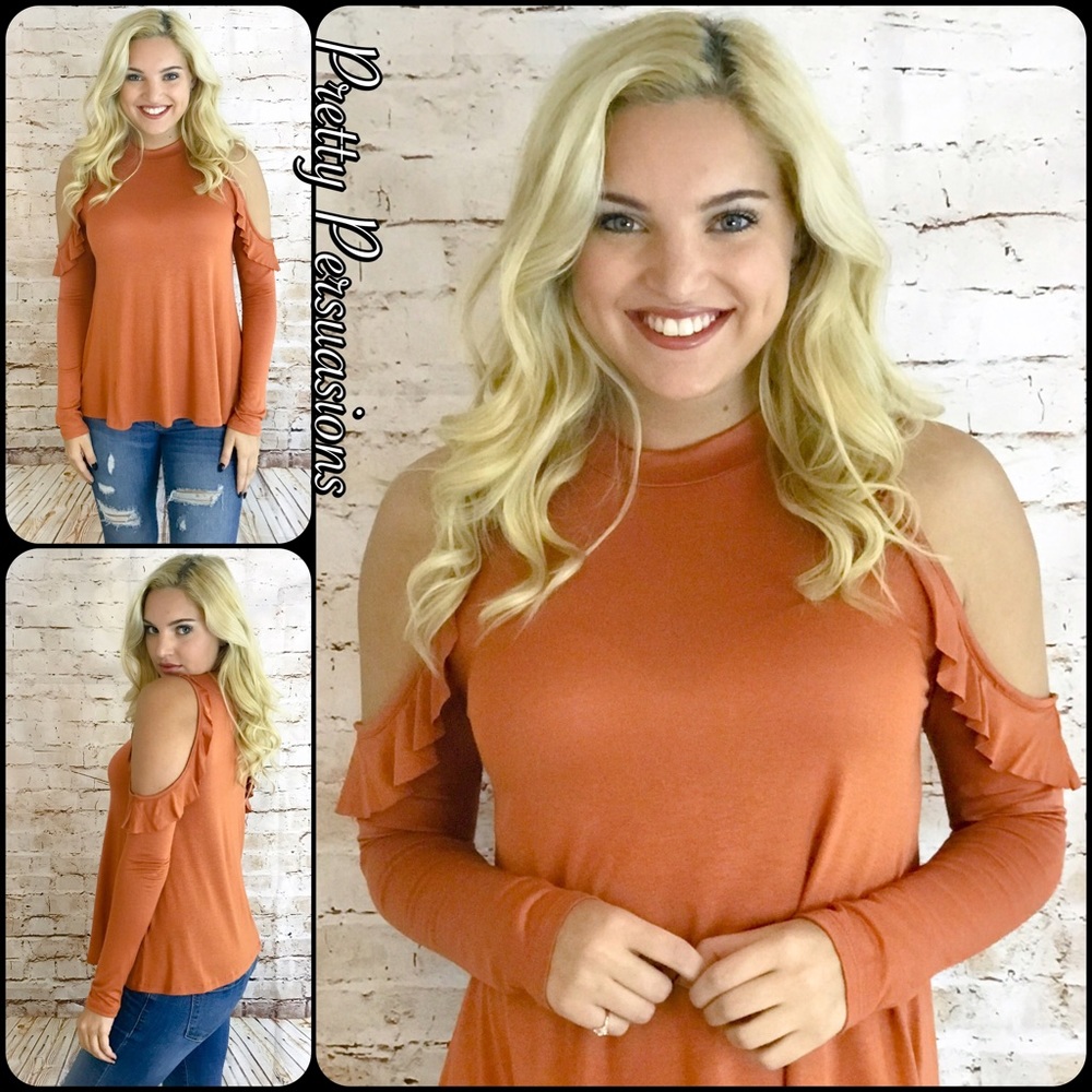 ❤️ SEE NEW LISTING ❤️ Rust Cold Shoulder Mock Neck Ruffle Hem Top - Picture 5 of 5