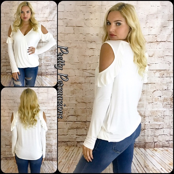 SOLD OUT‼️White Ruffle Cold Shoulder Surplice Top - Picture 2 of 7