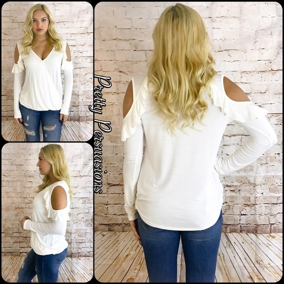SOLD OUT‼️White Ruffle Cold Shoulder Surplice Top - Picture 3 of 7