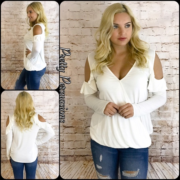 SOLD OUT‼️White Ruffle Cold Shoulder Surplice Top - Picture 4 of 7