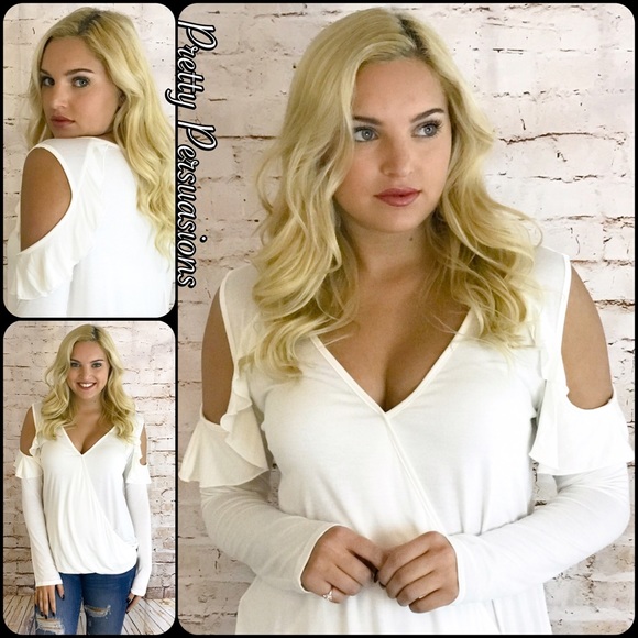 SOLD OUT‼️White Ruffle Cold Shoulder Surplice Top - Picture 5 of 7