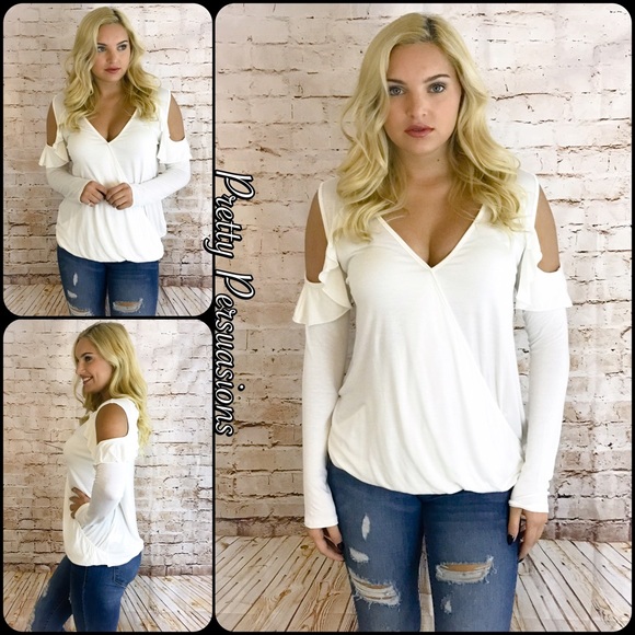 SOLD OUT‼️White Ruffle Cold Shoulder Surplice Top - Picture 6 of 7