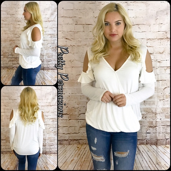 SOLD OUT‼️White Ruffle Cold Shoulder Surplice Top - Picture 7 of 7