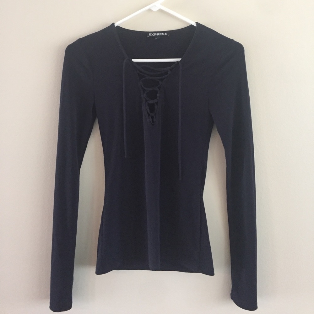 Lace up navy blue long sleeve top