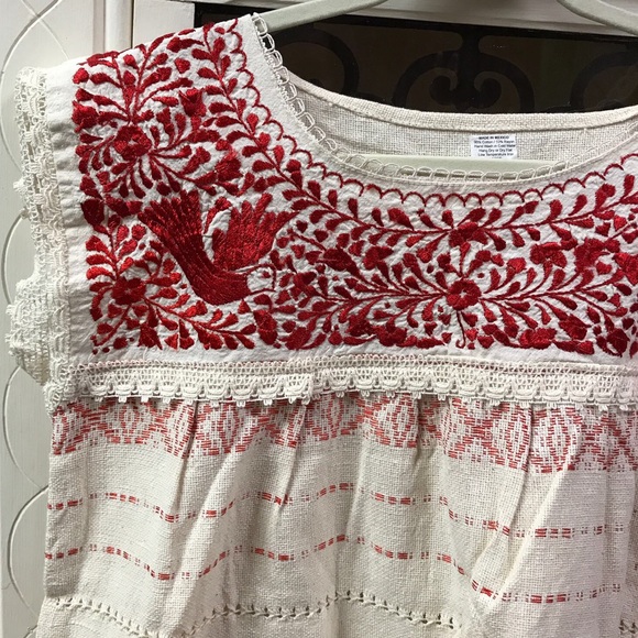 Cielito Lindo  Tops - Mexican Oaxaca Blouse Embroidered Beige & Deep Red