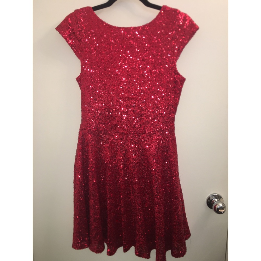 ASOS Red Sequin Scoop Back Skater Dress Sz 8