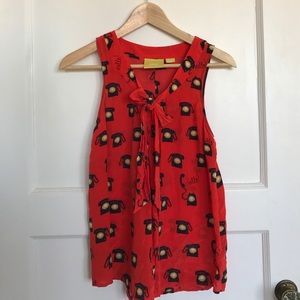 Work/out telephone print red retro 100% silk tank