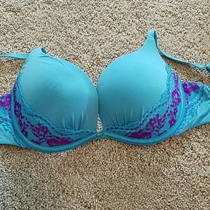 Teal bra with violet lace