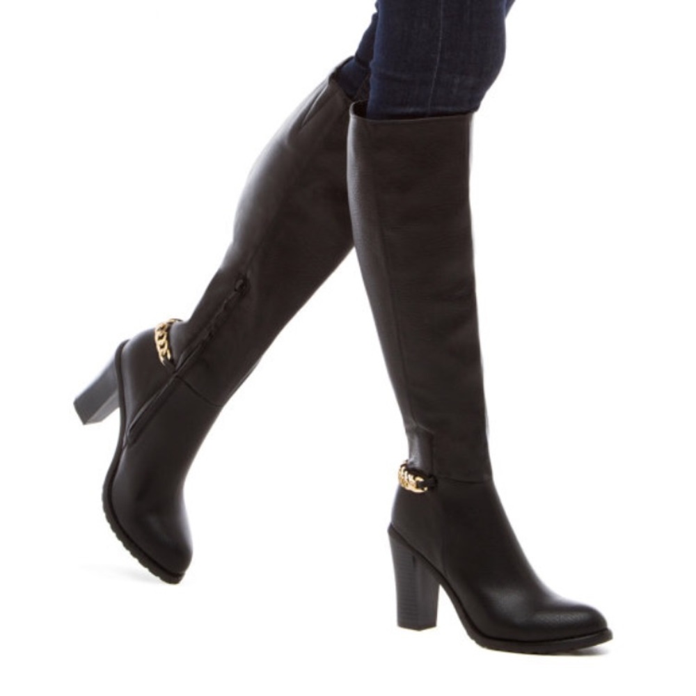 Black Heeled Boots with Stacked Block Heel