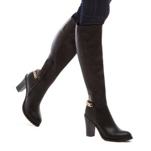 Black Heeled Boots with Stacked Block Heel