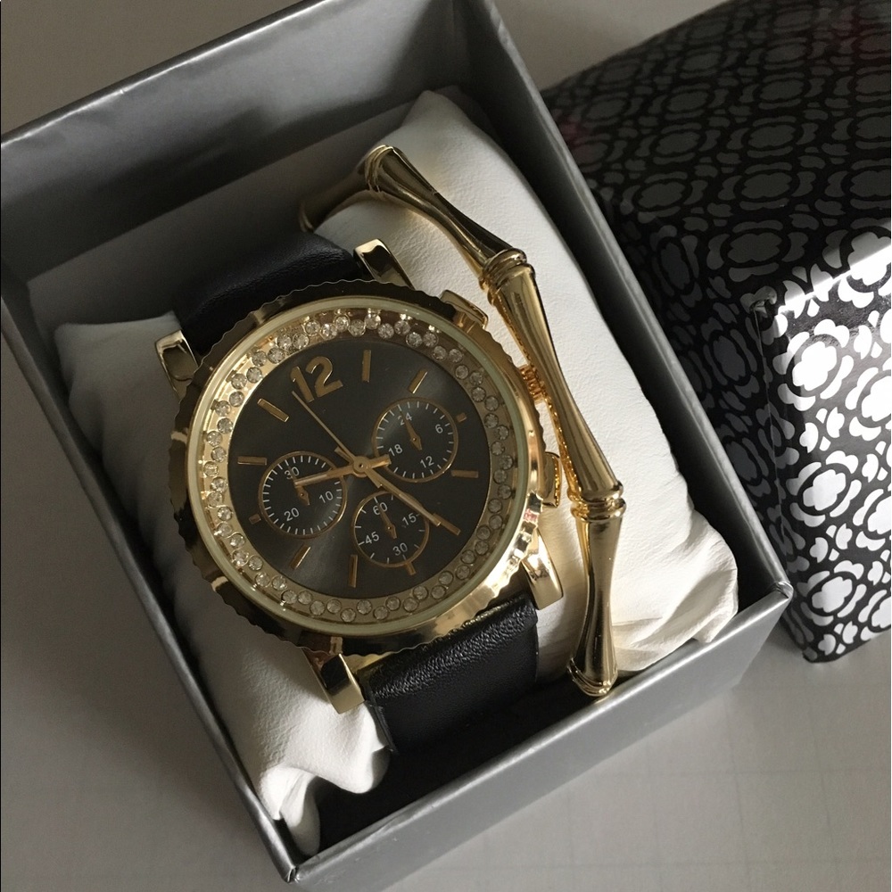 Fashion watch with black strap & gold bangle set