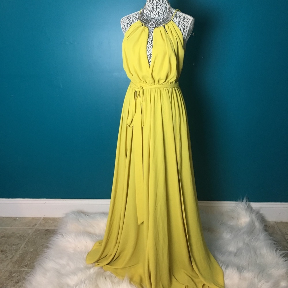 Long yellow flowey dress with gold neckline